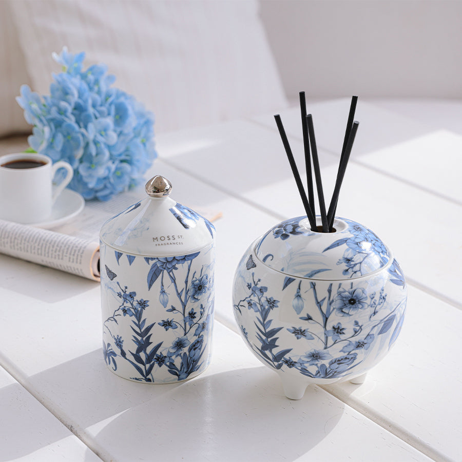 Moss St Peony and Apple Blossom large diffuser, styled photo