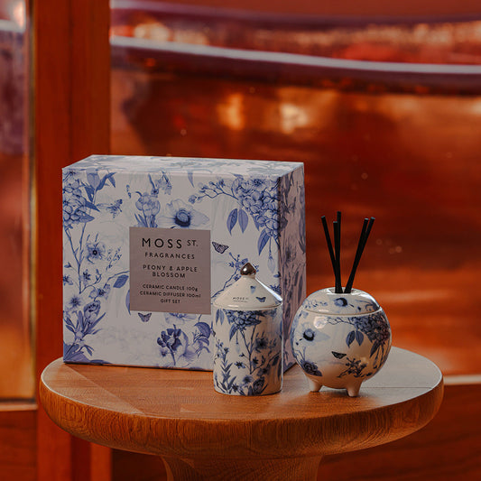 Moss St Peony and Apple Blossom mini candle and diffuser gift set, styled photo