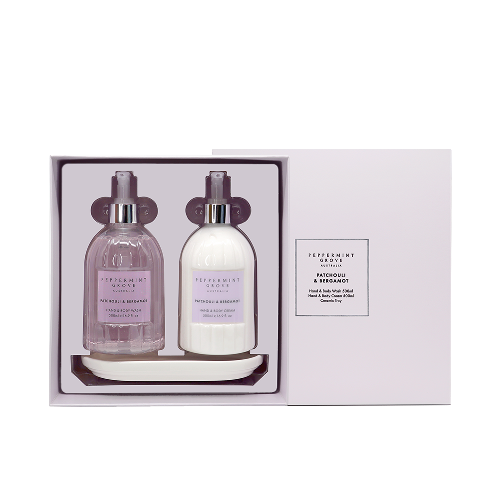 Peppermint Grove Patchouli and Bergamot gift set with box open