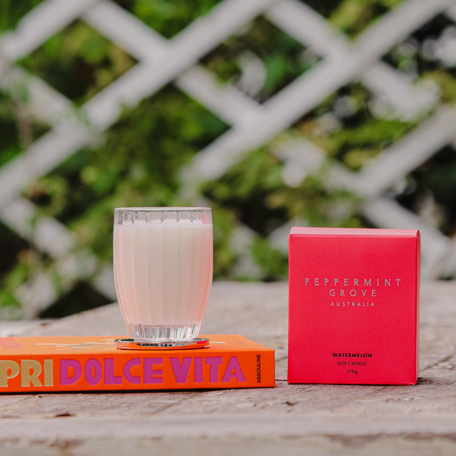 Peppermint Grove Watermelon candle, styled photo