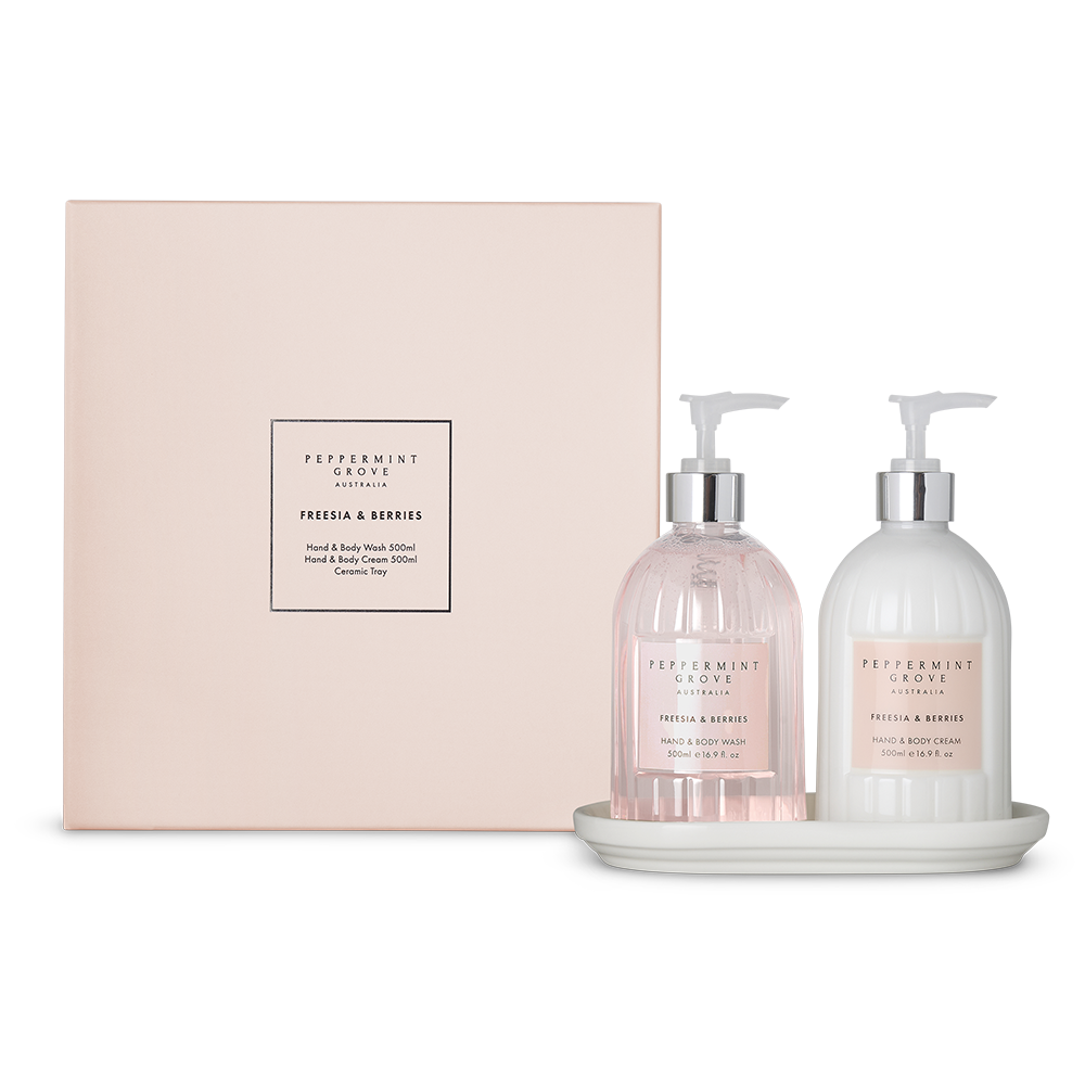 Peppermint Grove hand and body wash and cream 500ml set packaging