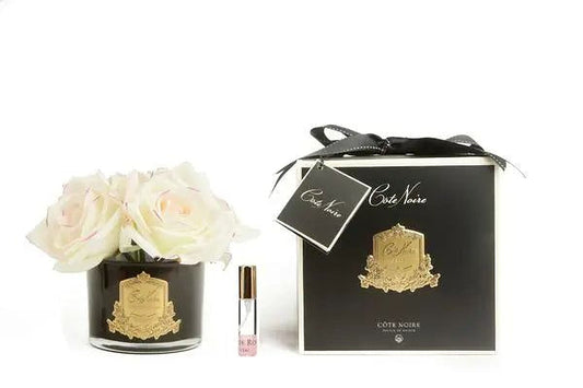 Cote Noire five rose natural touch arrangement in pink blush, black glass with gold crest, GMRB62