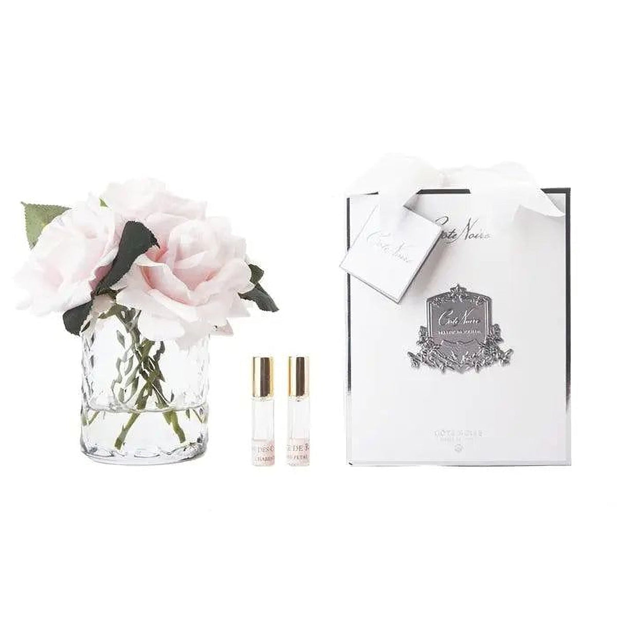 Cote Noire herringbone glass diffuser with 5 French pink roses, HCF33