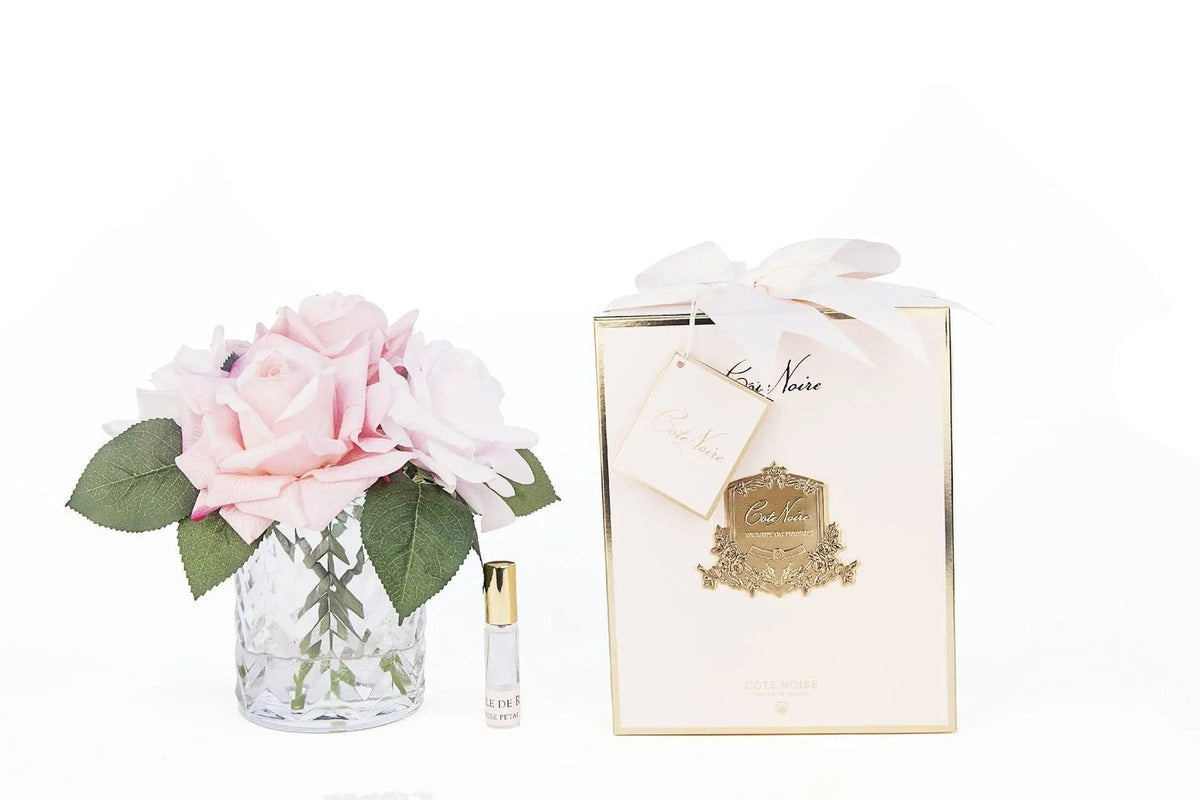 Cote Noire herringbone glass flower diffuser with mixed pink roses, HCF08