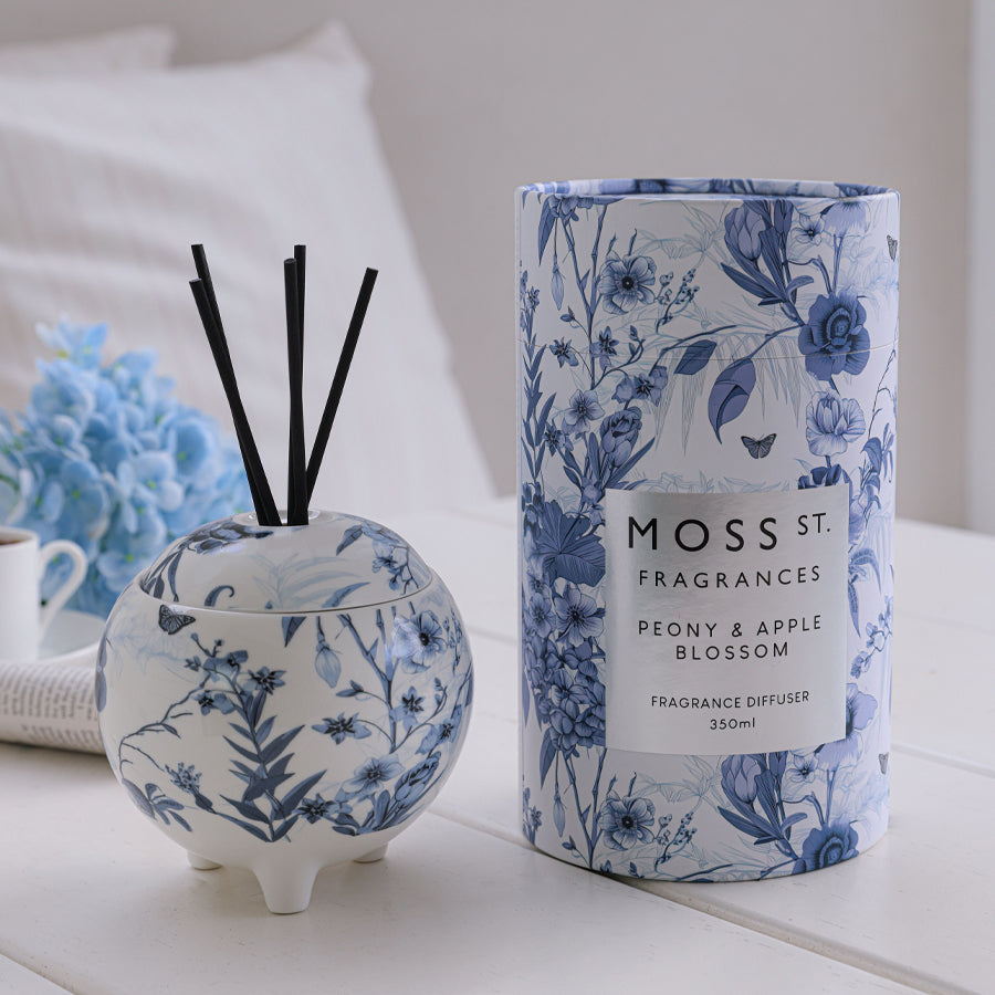 Moss St Peony and Apple Blossom large diffuser, styled photo