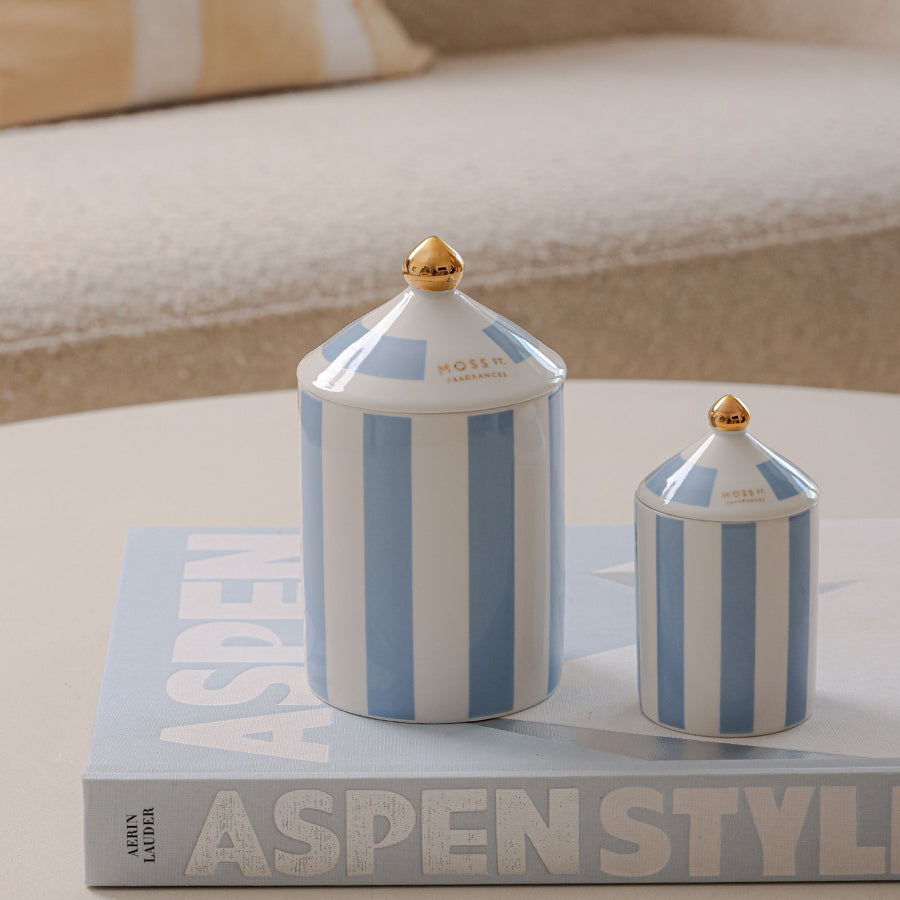 Moss St Juniper Berry and Citrus Spritz candle, styled photo