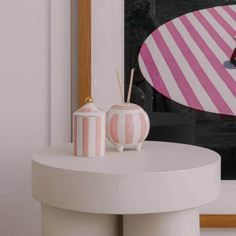 Moss St Raspberry, Honey and Musk large candle, styled photo