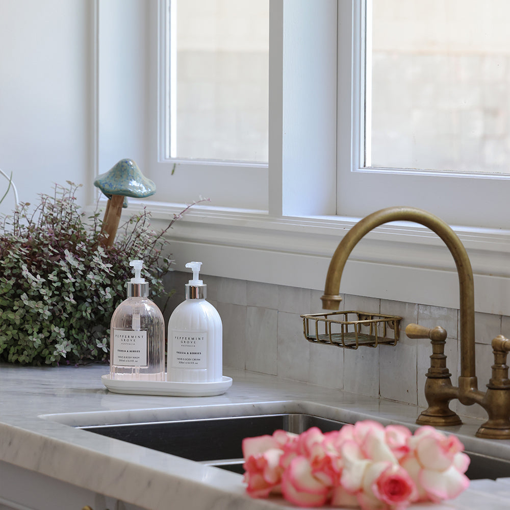 Peppermint Grove hand and body wash and cream set, styled photo