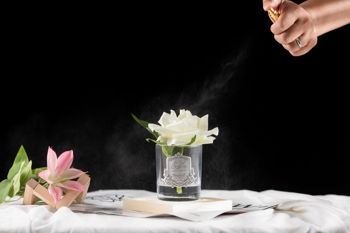Cote Noire single ivory white rose in clear glass vase with silver crest, side view