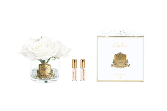 Cote Noire perfumed natural touch five roses in clear glass with gold crest, ivory white