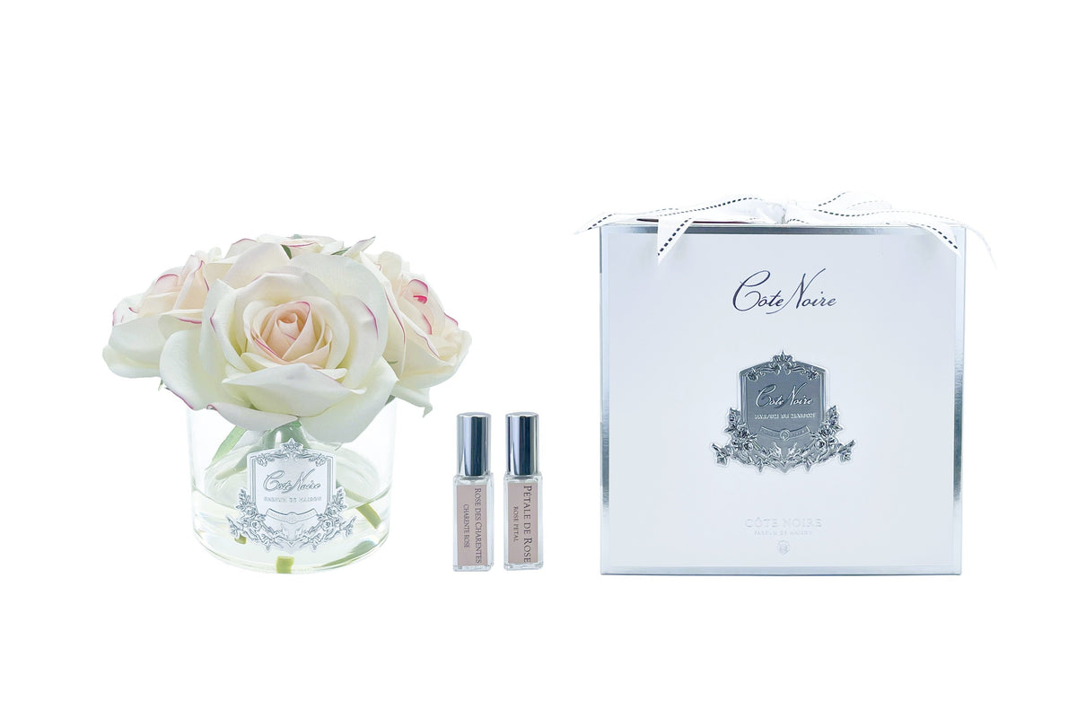 Cote Noire perfumed natural touch five roses in clear glass, pink blush