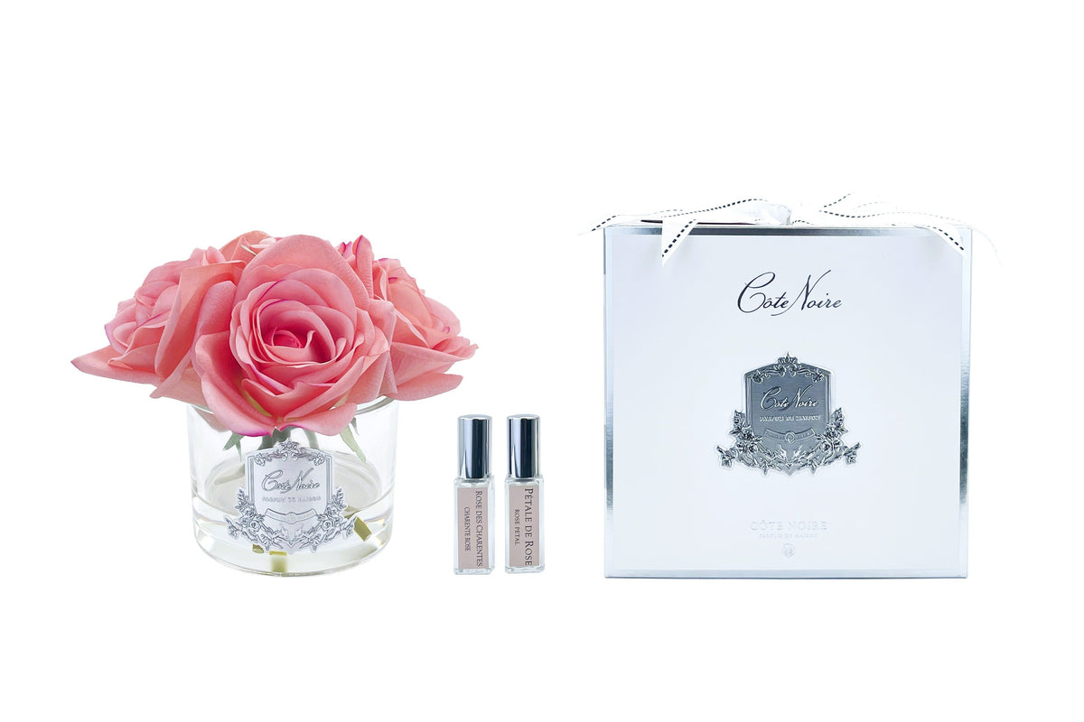 Cote Noire perfumed natural touch five roses in clear glass, white peach
