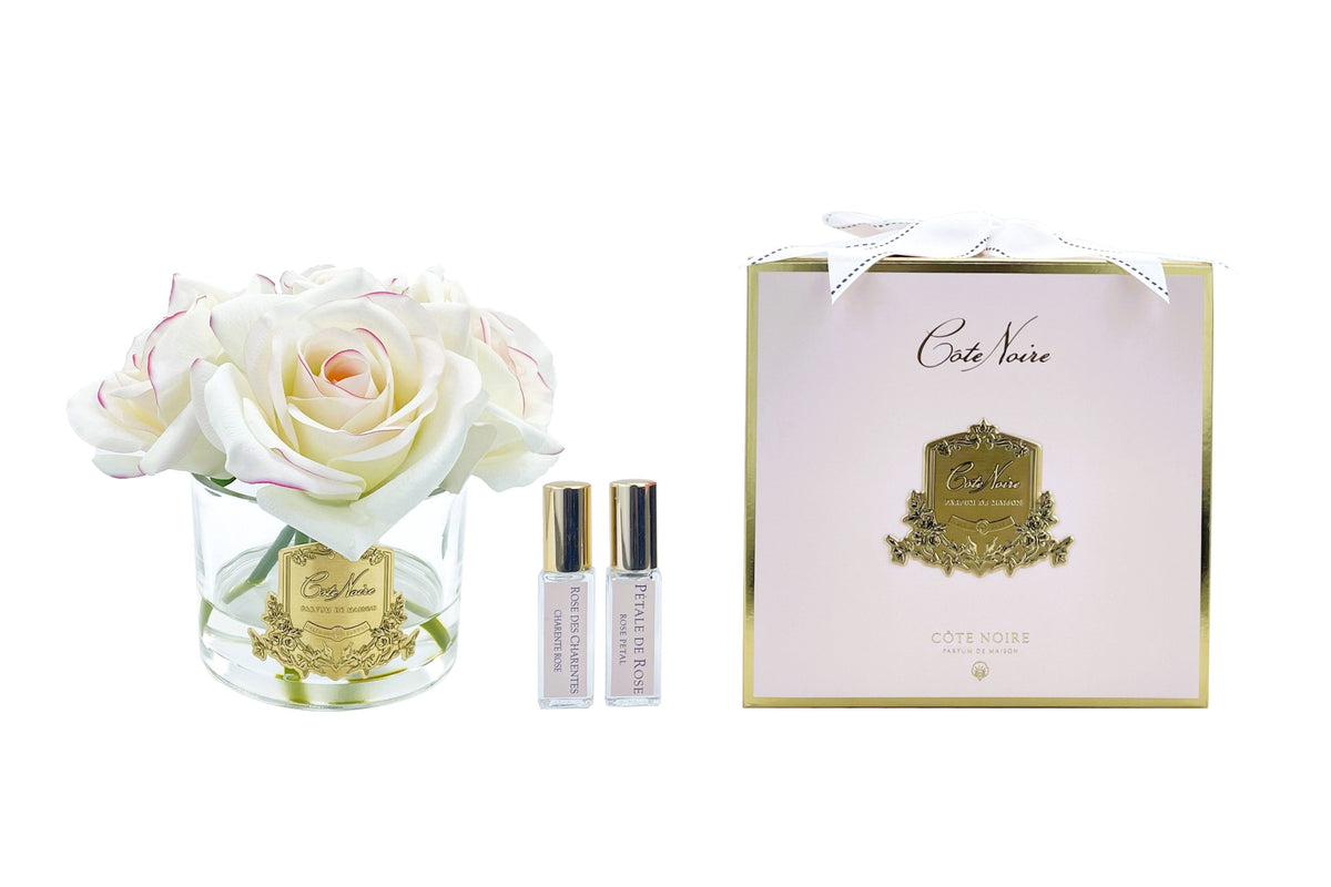 Cote Noire perfumed natural touch five roses in clear glass, pink blush, pink box