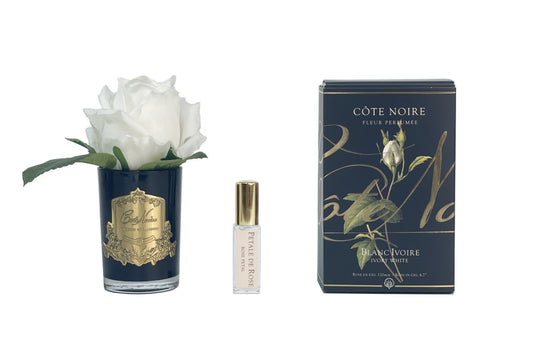 Cote Noire rose bud in black glass with ivory white flower