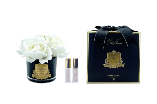 Cote Noire five roses in black glass with gold crest, ivory white