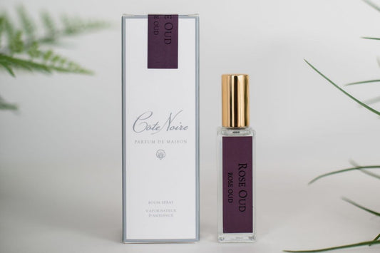 Cote Noire room spray bottle, rose oud fragrance