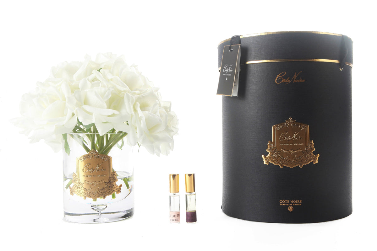 Cote Noire luxury grand bouquet of roses in clear glass with gold badge, ivory white, black gift box