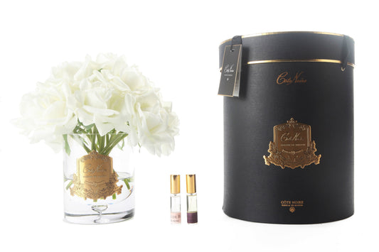 Cote Noire luxury grand bouquet of roses in clear glass with gold badge, ivory white, black gift box