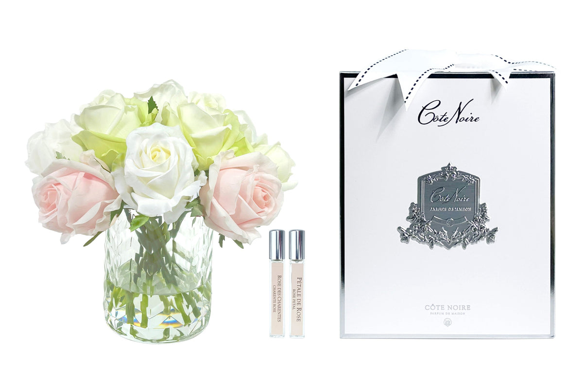 Cote Noire herringbone flower in clear glass with French pink, green and white rose buds