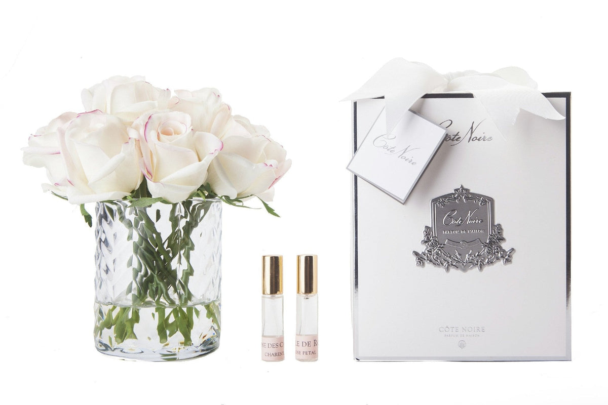 Cote Noire herringbone flower in clear glass with pink blush rose buds and gift box
