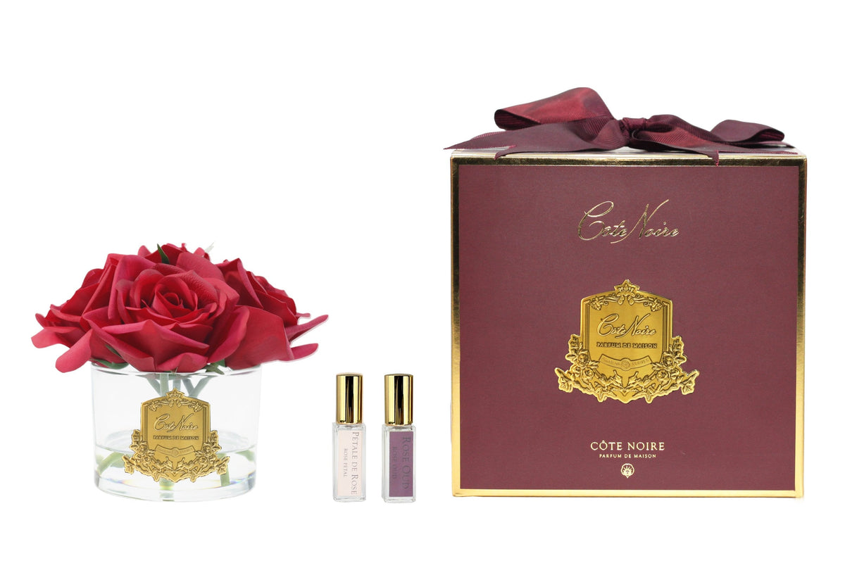 Cote Noire perfumed natural touch five roses in clear glass, carmine red, burgundy gift box