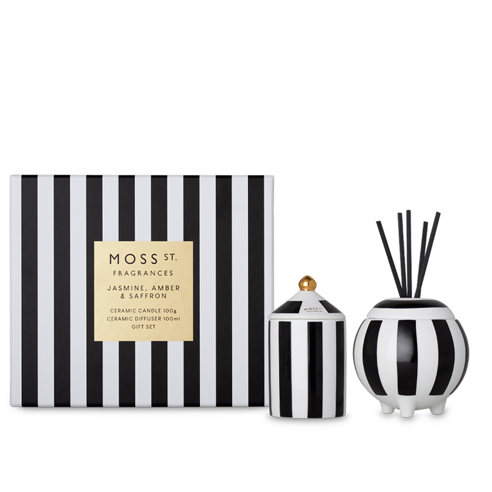 Moss St Jasmine, Amber and Saffron mini candle and diffuser gift set packaging