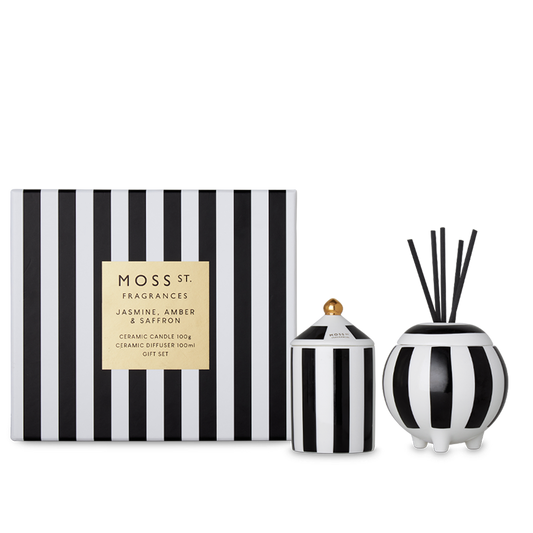 Moss St Jasmine, Amber and Saffron mini candle and diffuser gift set packaging