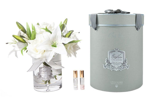 Cote Noire luxury lilies and roses bouquet with silver badge, white, gift box