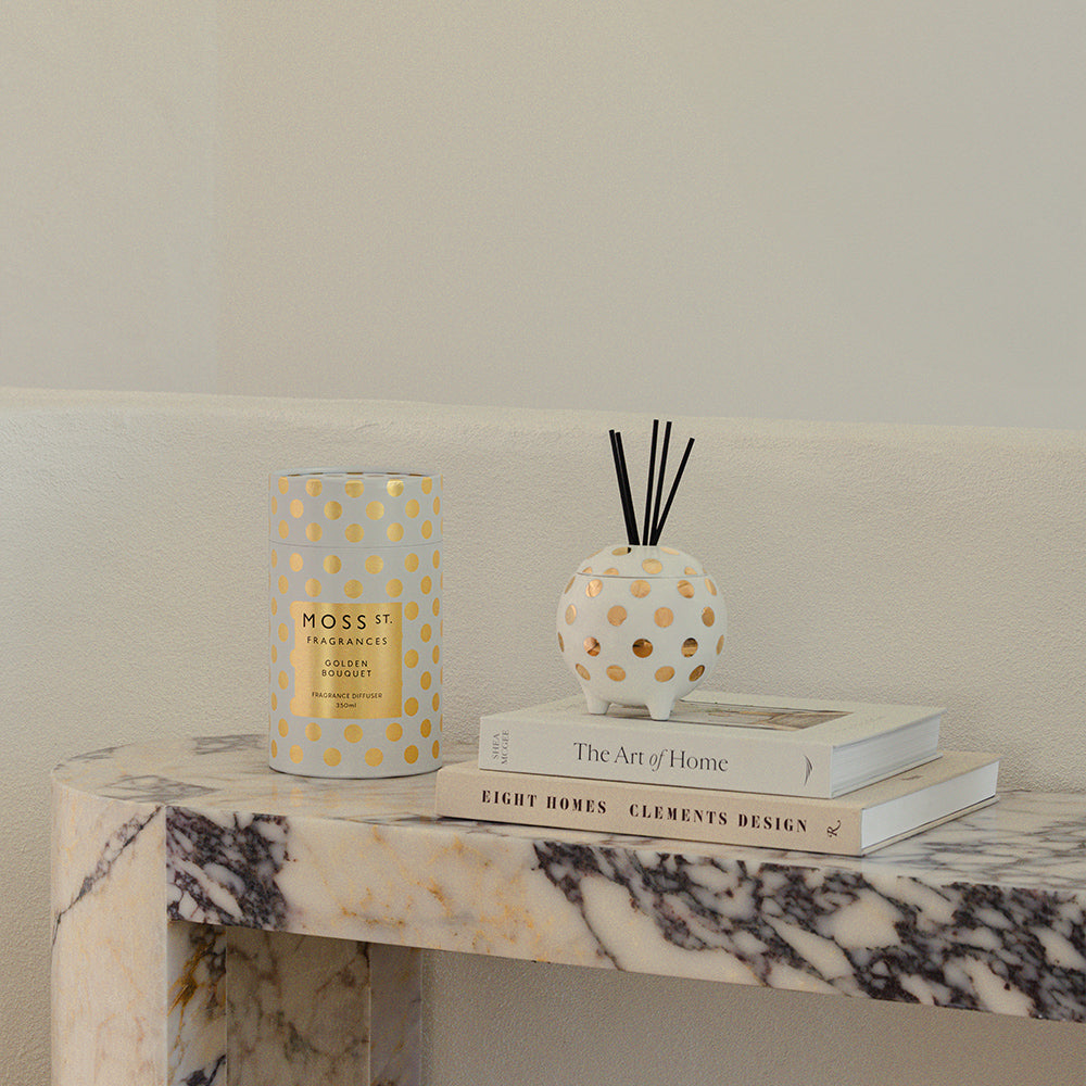 Moss St Golden Bouquet ceramic diffuser, styled photo