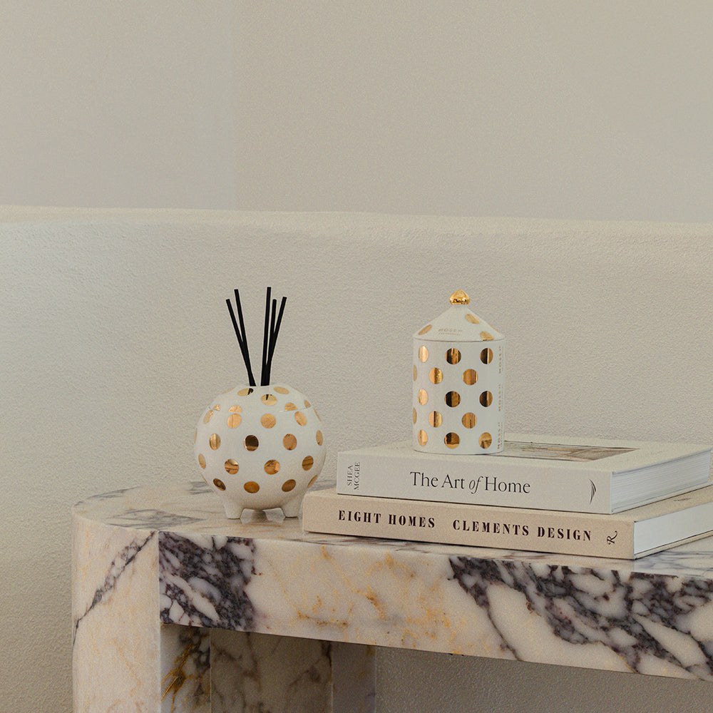 Moss St Golden Bouquet ceramic diffuser and candle, styled photo