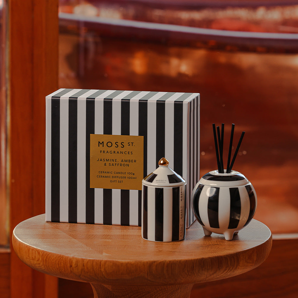 Moss St Jasmine, Amber and Saffron mini candle and diffuser gift set, styled photo