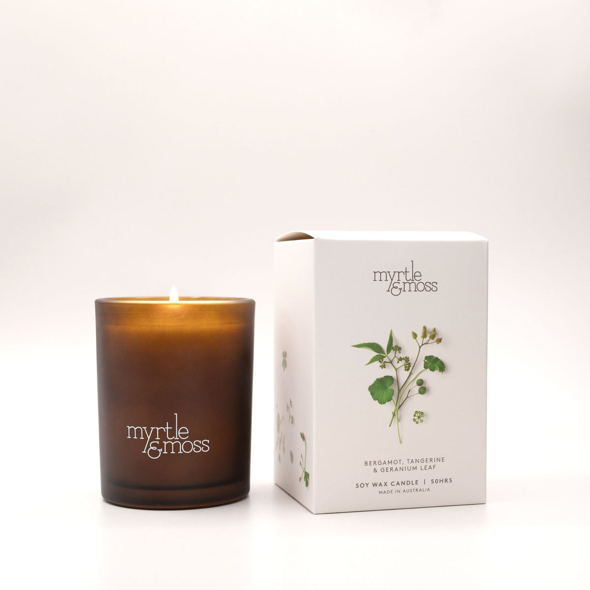 Myrtle & Moss Bergamot Rind, Tangerine & Geranium Leaf Soy Wax Candle 50hrs angle