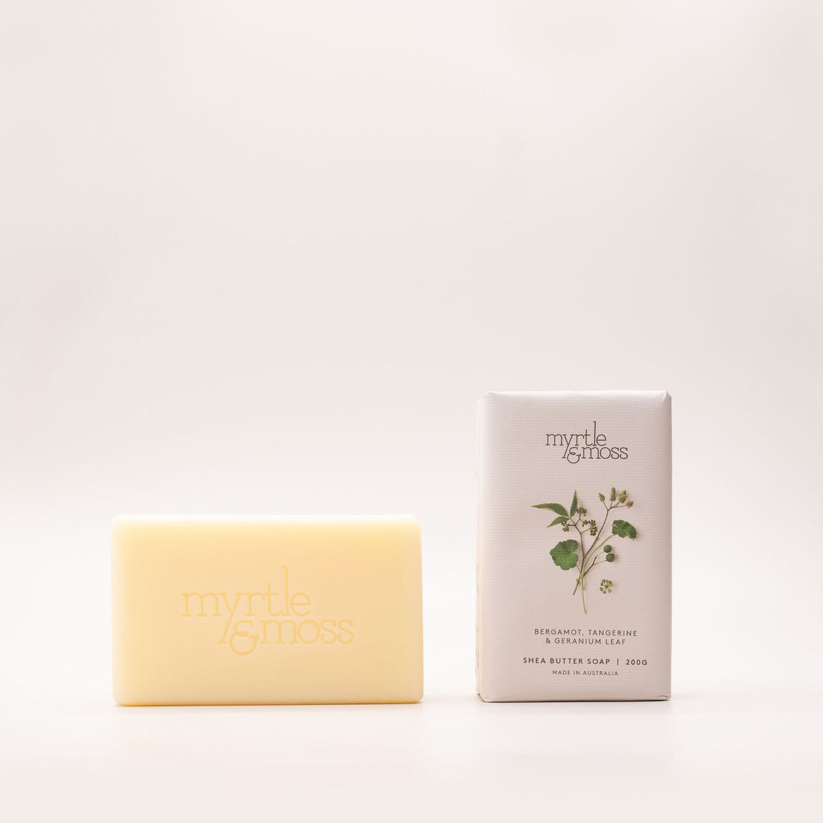 Myrtle & Moss Bergamot Rind, Tangerine & Geranium Leaf Shea Butter Soap 200g front
