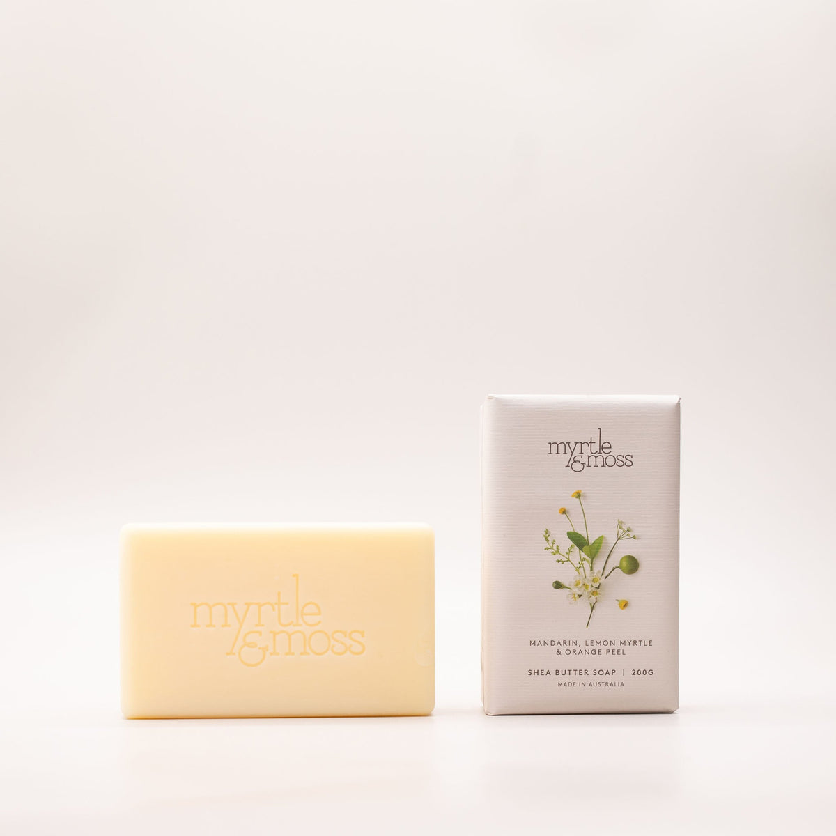 Myrtle & Moss Mandarin, Lemon Myrtle & Orange Peel Shea Butter Soap 200g front