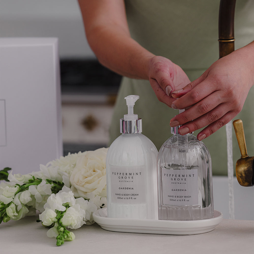 Peppermint Grove Gardenia hand care gift set, styled photo