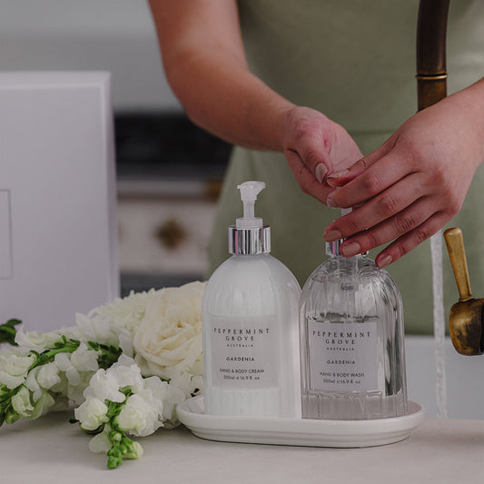 Peppermint Grove Gardenia hand care gift set, styled photo