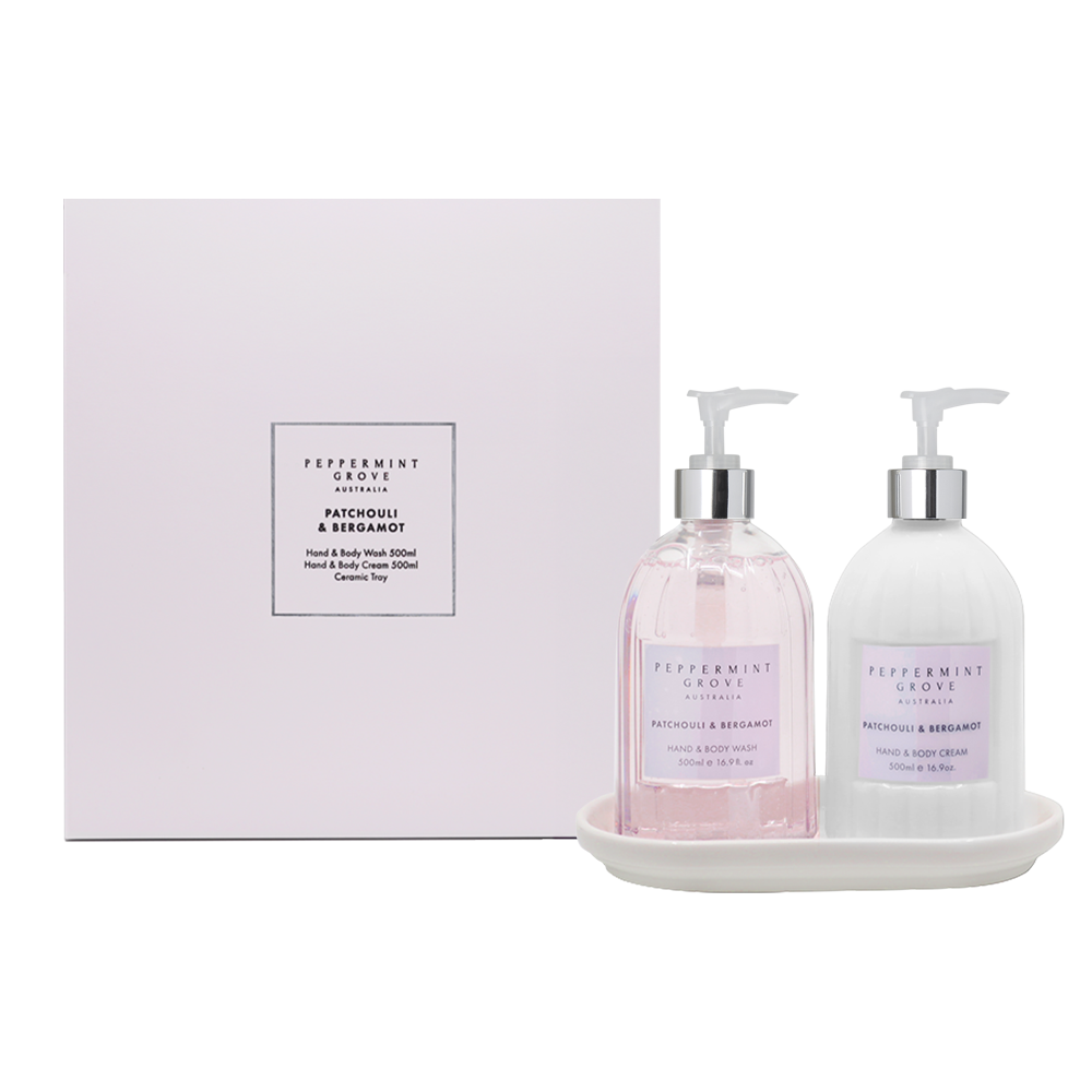 Peppermint Grove Patchouli and Bergamot hand care gift set packaging