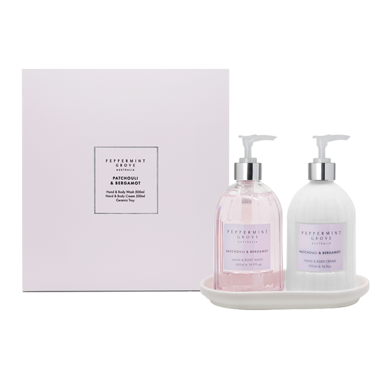 Peppermint Grove Patchouli and Bergamot hand care gift set packaging