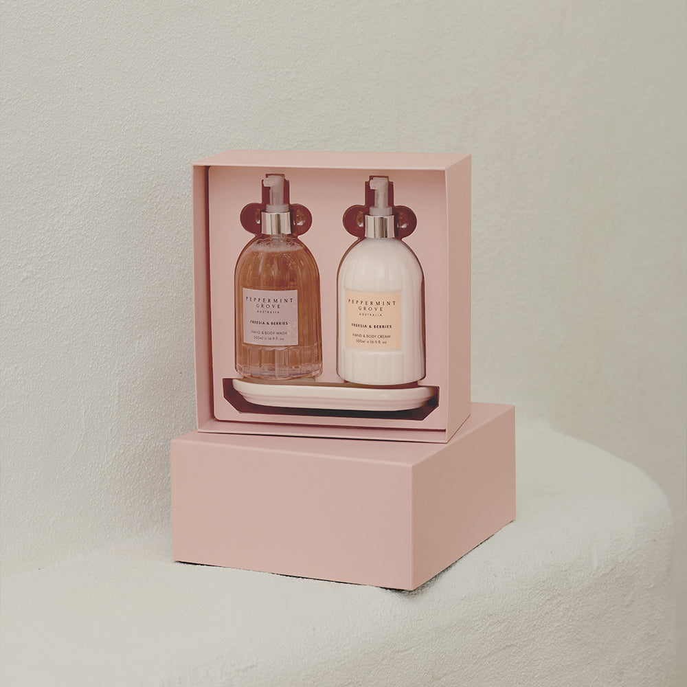 Peppermint Grove hand and body wash and cream set, styled photo