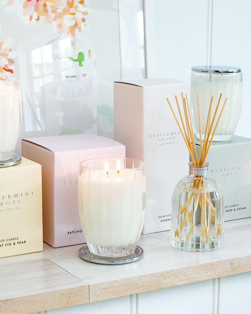 Peppermint Grove Patchouli and Bergamot small candle, styled photo