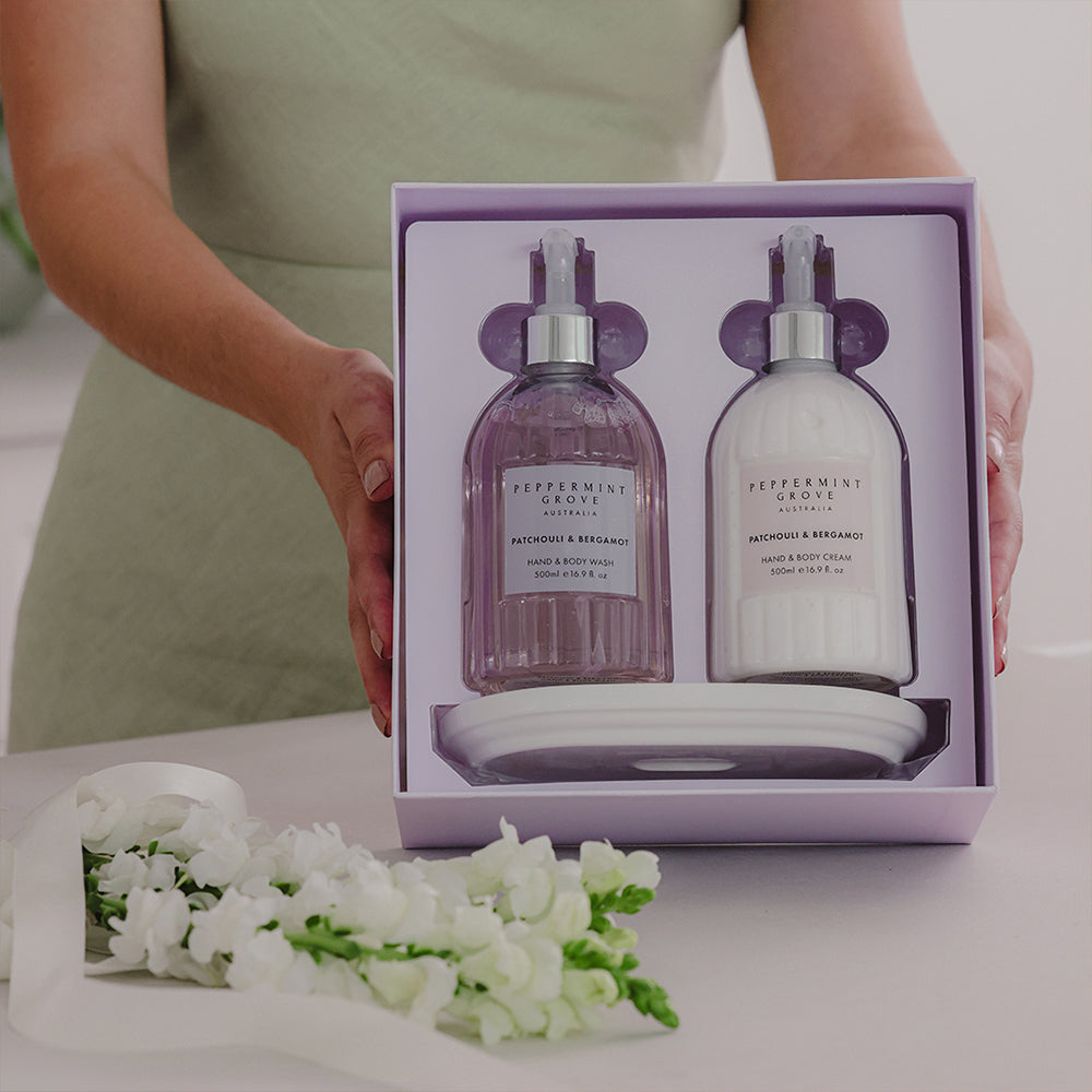Peppermint Grove Patchouli and Bergamot hand care gift set, styled photo