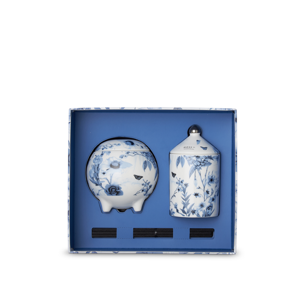 Moss St Peony and Apple Blossom gift set with box open showing candle and diffuser