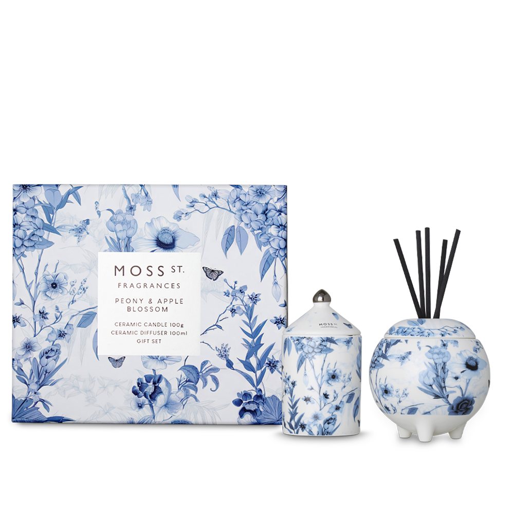 Moss St Peony and Apple Blossom mini candle and diffuser gift set packaging