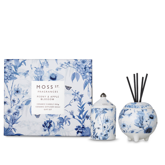 Moss St Peony and Apple Blossom mini candle and diffuser gift set packaging