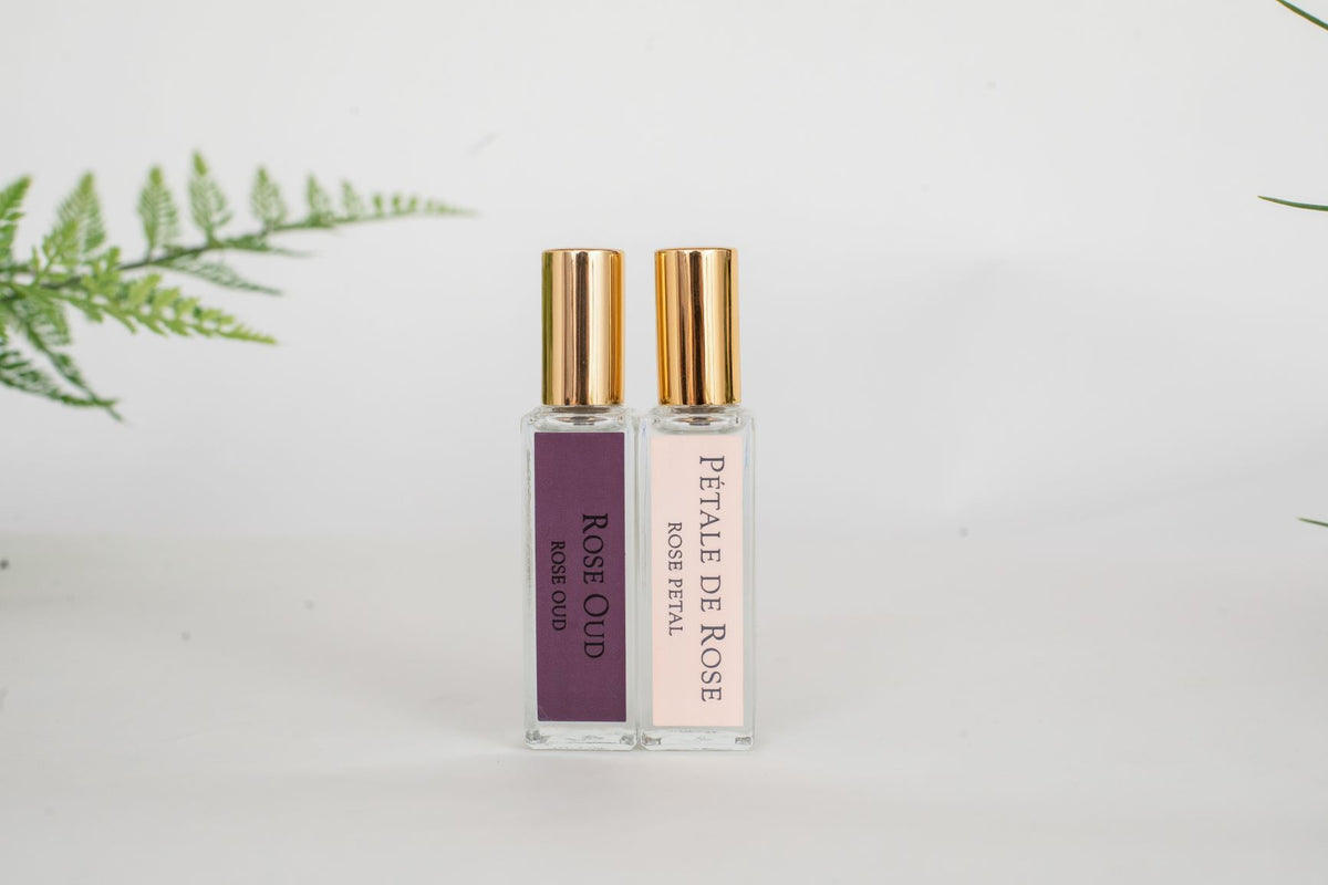 Cote Noire room spray bottle, rose petal fragrance, styled with packaging