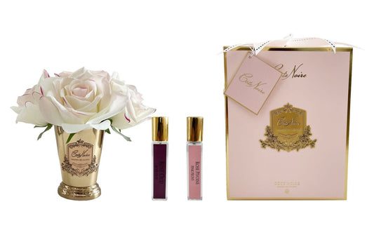 Cote Noire seven rose bouquet in pink blush, pink gift box, gold vase