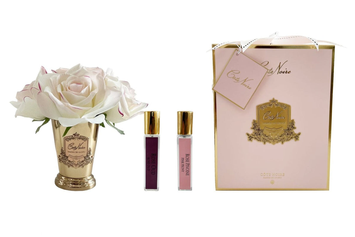 Cote Noire seven rose bouquet in pink blush, pink gift box, gold vase
