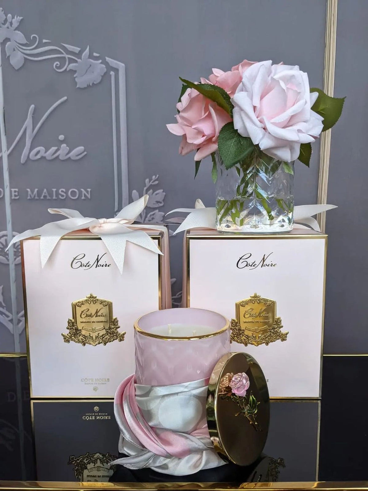 Cote Noire herringbone glass flower diffuser with mixed pink roses, box packaging