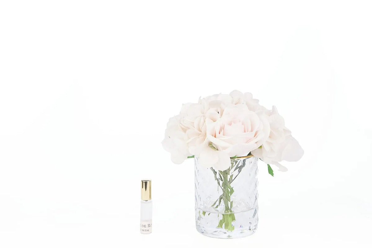 Cote Noire herringbone glass flower diffuser with roses and hydrangeas, clear glass, HCF11