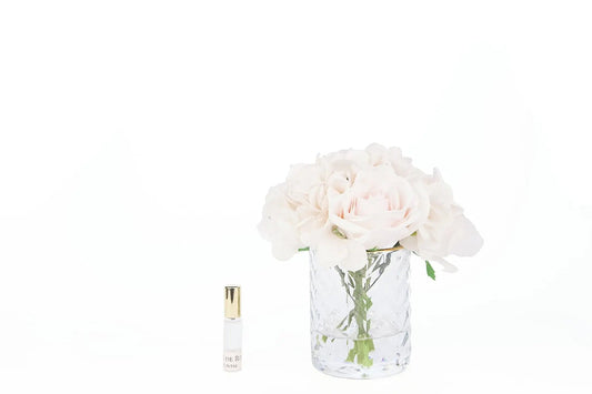 Cote Noire herringbone glass flower diffuser with roses and hydrangeas, clear glass, HCF11